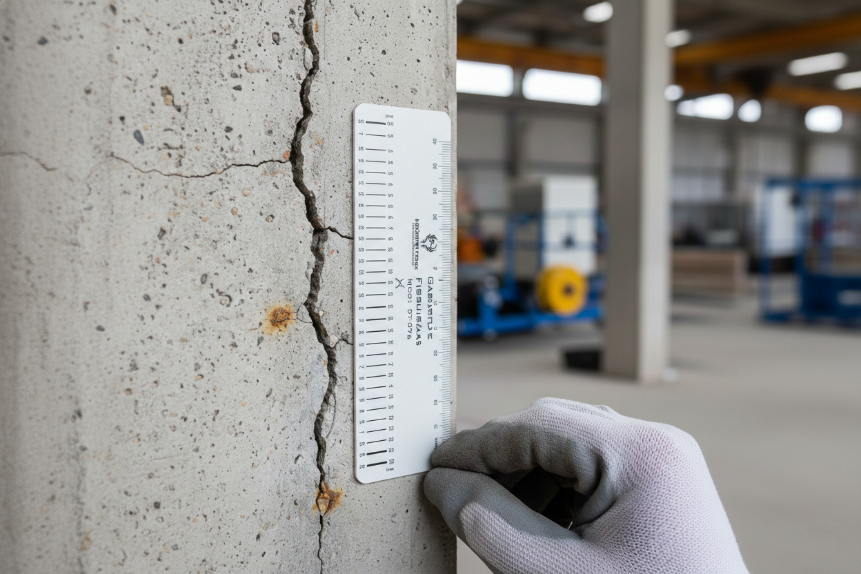 Análise técnica de patologia estrutural em concreto armado utilizando medidor de fissuras profissional.